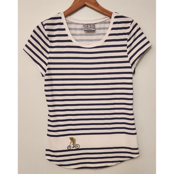 Batfrogs T-Shirt With Frog Batfrog On Bicycle Womens Medium England Striped EUC - Picture 4 of 10